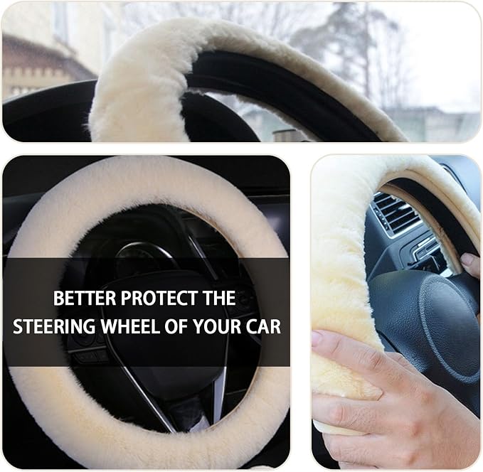 Ziciner Fuzzy Steering Wheel Cover, 15 inch Soft Wool Fur Steering Wheel Protector, Fluffy Wheel Covers for Winter Warm, Car Interior Decoration Accessories for Women Men (Beige)