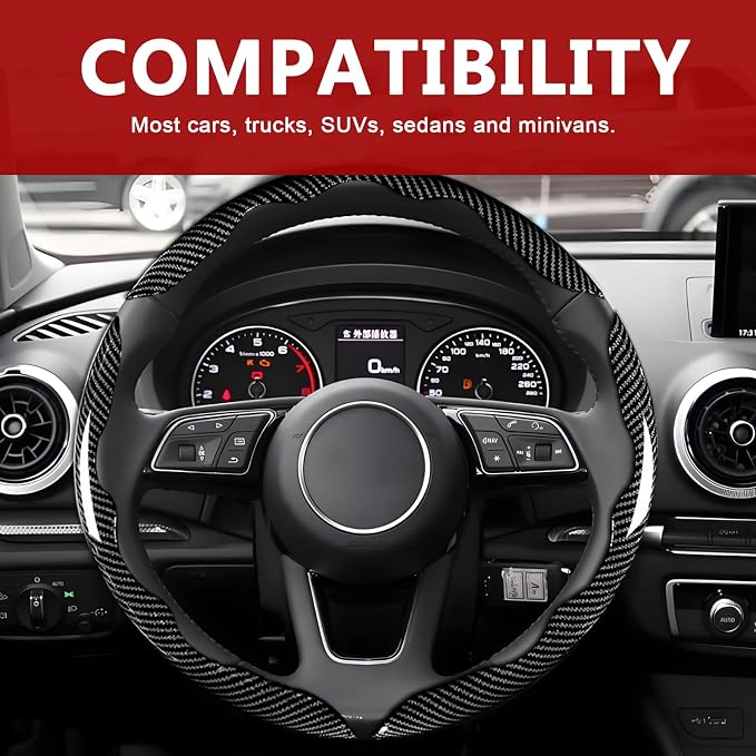 3pcs Universal Carbon Fiber Steering Wheel Cover - Anti-Slip & Segmented Design, Universal 99% Durable Steering Wheel Protector for Men and Women, Car Interior Accessory (Black)