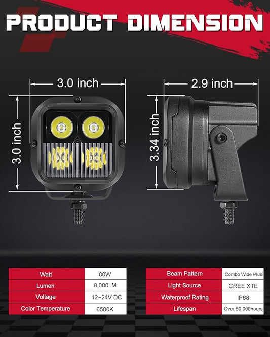 OFFROADTOWN LED Pods, 3inch 80W CREE LED Pods Off Road Driving Lights Cubes Ditch Lights Headlight for Truck Pickup Dirt Bike UTV ATV SUV Boat 4x4 Car - Combo Wide Plus Beam
