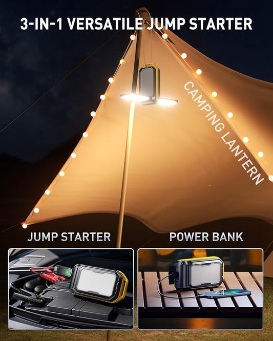 AUXITO Jump Starter: 6000A Car Portable-Battery Jumper Box with 4000LM LED Outdoor Camping Light and Power Bank Function, Up to 10.5L Gas and 10L Diesel Engines, USB Ports and Jumper Cable Included