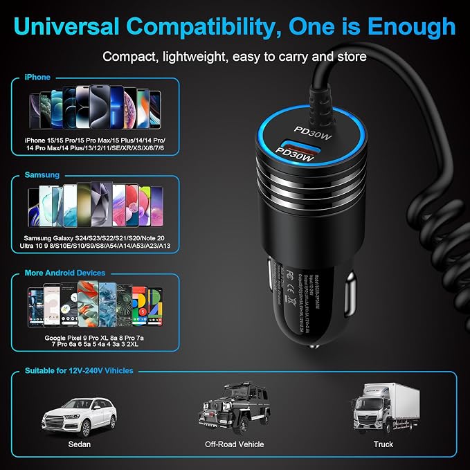 for iPhone 17e 17 Car Charger, 60W USB C Fast Car Adapter with 3FT Built-in Coiled USB C Fast Charging Cable for iPhone 17e 17 Pro Max 17 Pro Air 16e 16 Pro Max 16 Plus 15,Samsung Galaxy S26 A17 A56