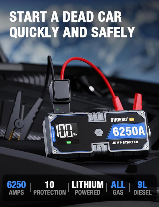 6250A Jump Starter Battery Jump Starter Battery Pack (for All Gas or 9.0+L Diesel), 2 USB Port, 12V Potable Car Jump Start with 3.2″ HD Display 48-Months Stand-by Time