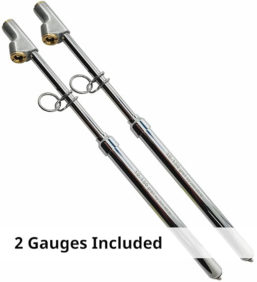 150 Psi Professional Semi Truck Tire Pressure Gauge and Dually Truck Air Gauges. Great for RV Tire Pressure, Cars, and Drivers with Bad Knees appreciate the Long Dual Head Chuck and Heavy Duty Design.