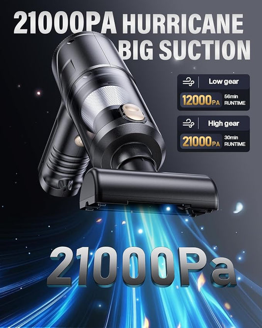 Handheld Vacuum Cleaner 21000Pa Suction with Brushless Motor, 4-in-1 Portable Mini Car Vacuum with 2 Suction Modes, Cordless Vacuum with LED Light, Type-C Charge for Car, Office Desk, Keyboards