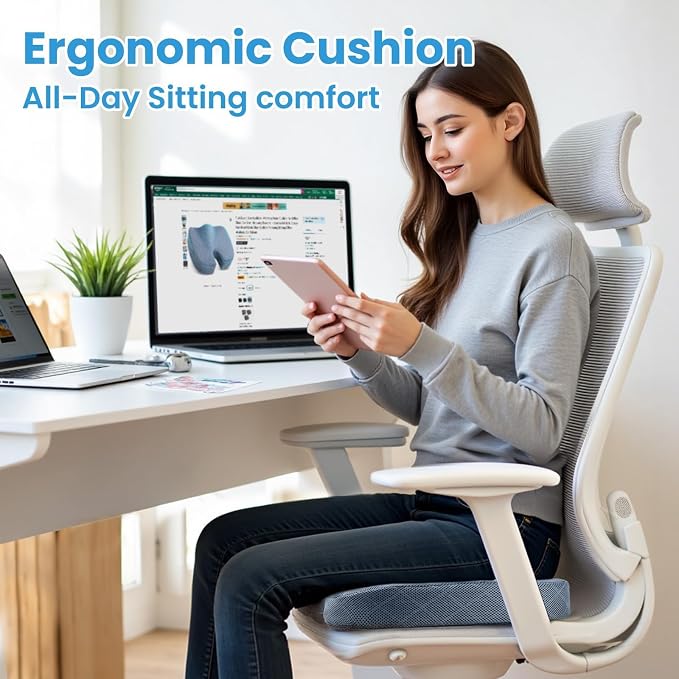 TushGuard Office/Car Seat Cushion, Non-Slip Sciatica & Back Coccyx Tailbone Pain Relief Chair Pad, Memory Foam Butt Pillow for Computer Desk, Wheelchair, Driving (Light Blue, XX-Large)