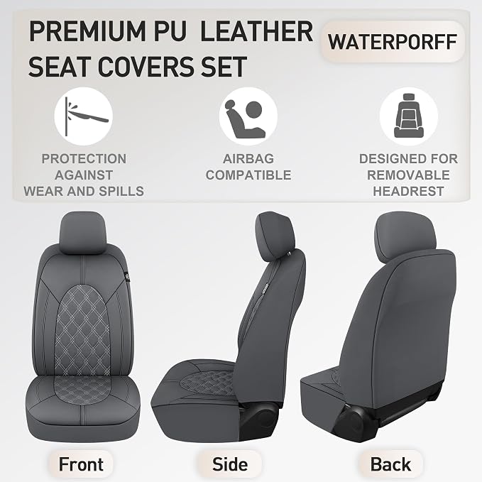 CAROMOP Luxury PU Leather Car Seat Covers Full Set-Waterproof Seat Protectors with Split Bench Seat Covers for Cars-Universal Cars Interior Covers for Sedans, SUVs, Pick-up Trucks(Gray/Gray Line)