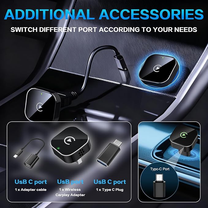 Mini Wireless CarPlay Adapter for iPhone, 2-in-1 for Apple CarPlay & Android Auto Adapter, Convert Wired to Wireless, Plug & Play, Auto Connect, USB to Type-C, No Delay, for iOS 10+ & Android 11+