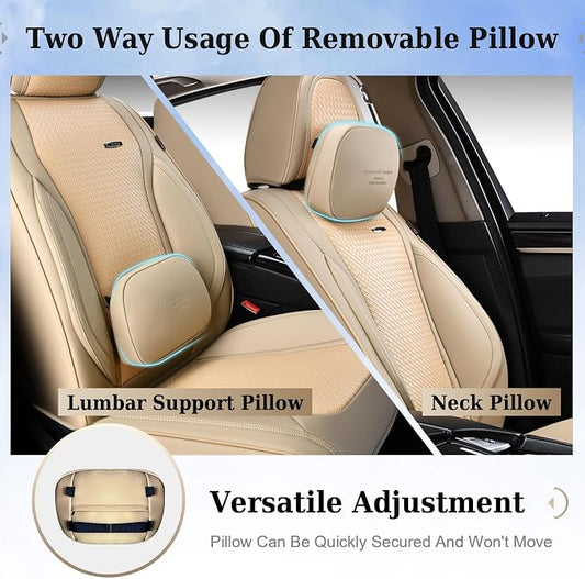 Coverado Seat Covers, Car Seat Covers Front Seats, Waterproof Nappa Leather Auto Seat Cover with Lumbar Head Pillow, Beige Seat Covers Carseat Cover Universal Fit for Most Cars