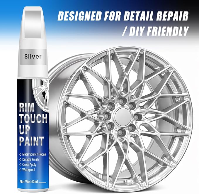Silver Rim Touch Up Paint, 2-in-1 Brush & Tip, 0.4 fl oz - Universal Silver Rim Curb Rash Repair Kit for Scratches, Scuffs Alloy/Metal Wheels, OEM Color Match, Quick-Dry & Long-Lasting