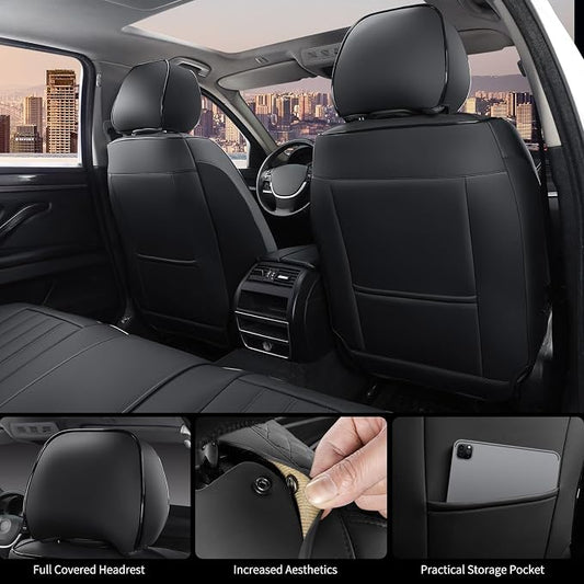 Leather Seat Covers for Cars, 2Pcs Universal Front Automotive Seat Covers, Full Coverage Waterproof Car Seat Covers for Most Trucks, SUVs, Sedans, Luxury Breathable Auto Seat Cover, Black