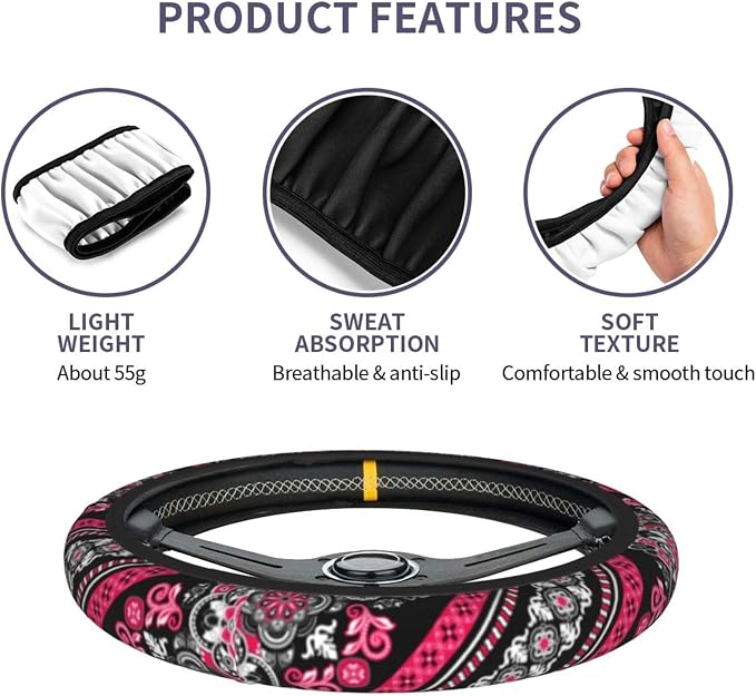 Boho Car Steering Wheel Cover Auto Accessories Universal 15 Inch Non-Slip Neoprene for Women Cute Automotive SUV Van Truck Wheel Protector