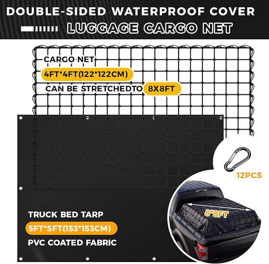 Breling 4 in 1 Cargo Net for Pickup Truck Bed 4'x4' Stretches 8'x8' with Black Waterproof Pickup Truck Bed Tarp 5'x5' Heavy Duty Cargo Net Cover and Tie Down System 12 Clips 1 Bag for SUV Trailer