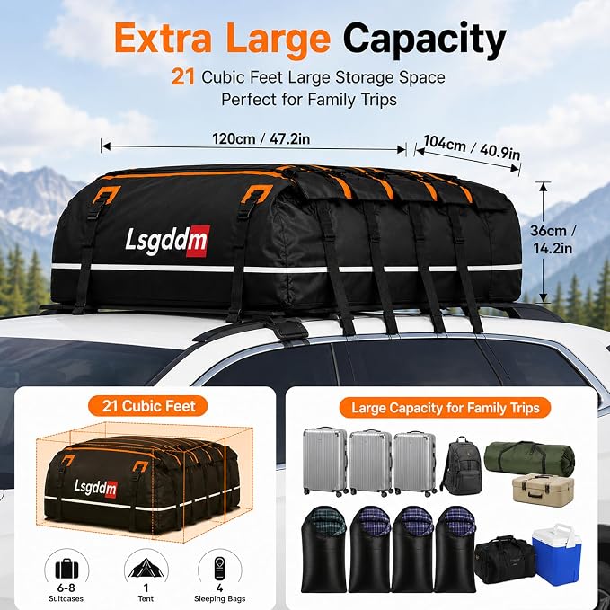 Car Roof Cargo Carrier 15/21 Cubic Feet – Extra Storage for Travel, Waterproof Rooftop Bag, Fits All Vehicles with or Without Roof Rack (21 Cu Ft)