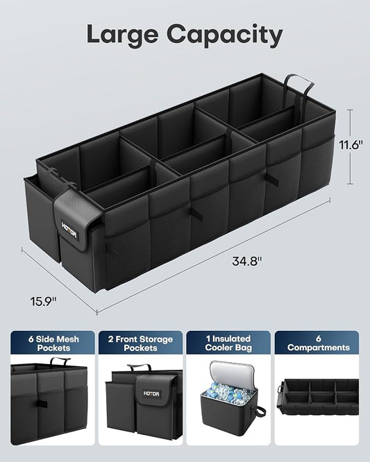 HOTOR Trunk Organizer for Car & SUV, Sturdy Car Organizer with Removable Cooler, Large Foldable Trunk Organizer with Cooler, 6 Compartments, Adjustable Straps, Black, 34.8”×15.9“×11.6”