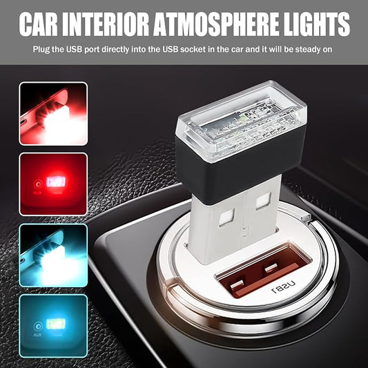 4 PCS USB LED Car Interior Atmosphere Lamp, Portable Mini Auto LED Decor Night Light, Plug-in USB Interface Ambient Lighting Kit, Universal Car Interior Accessories (Red+Ice Blue)