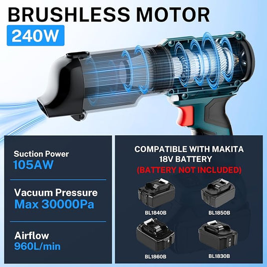 YEX-BUR Cordless Handheld Vacuum for Makita 18V Battery(Tool Only), 240W Powerful Car Vacuum with Brushless Motor, 3-Speed, 5 Filters, Portable Vacuum Cleaner for Home Office Car Pet