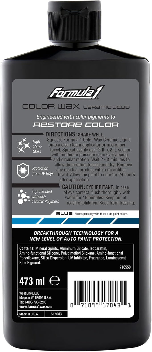 Formula 1 Color Wax Liquid for Blue Cars, Gives Ceramic Water Beading Protection and Ultimate Shiny Finish, Fills Minor Scratches with Color-Match Pigment, 16 oz