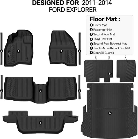 Floor Mats for Ford Explorer 2011-2014, Trunk Mat and Backrest Mat & Door Sill Guard All Weather TPE Protector for Ford Explorer Accessories