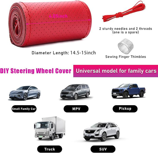 Ziciner Genuine Leather Steering Wheel Cover, Stitch on Wrap, Breathable Anti-Slip Car Steering Wheel Protector for Max Diameter 15 Inch, DIY Sewing with Needles Thread (Red, Hole)