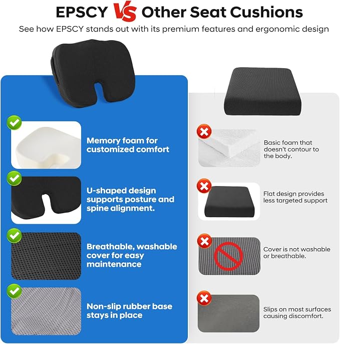 EPSCY Memory Foam U-Shaped Cushion for Coccyx, Hemorrhoid, Sciatica & Tailbone Pain Relief - Pressure Reducing Seat Cushion with Removable Cover - Postpartum Pillow for Office Chair, Wheelchair, Black