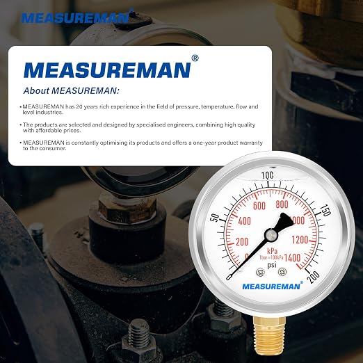 MEASUREMAN 2-1/2inch Dial Size, Liquid Filled Pressure Gauge, 0-200psi/kpa, 304 Stainless Steel Case, 1/4 inchNPT Lower Mount