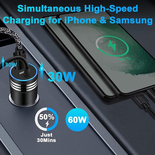for iPhone 17e 17 Car Charger, 60W USB C Fast Car Adapter with 3FT Built-in Coiled USB C Fast Charging Cable for iPhone 17e 17 Pro Max 17 Pro Air 16e 16 Pro Max 16 Plus 15,Samsung Galaxy S26 A17 A56