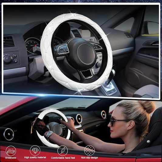 SuperKaKa Steering Wheel Cover, Auto Cute PU Diamond Bling Breathable Soft Comfort Leather Car Interior Accessories Sparkly Fit Most O-Shaped Steering Wheels for Women Men (White)