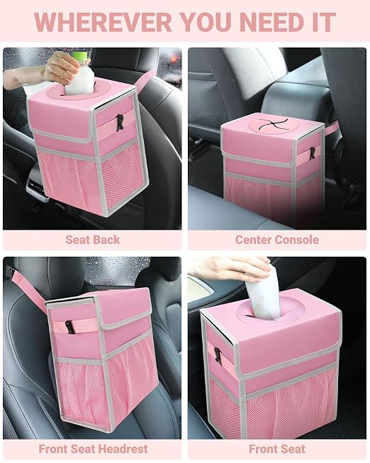 Capolo Car Trash Can with Lid, Leakproof Car Trash Bag Hanging Waterproof Automotive Garbage Can with Storage Pockets Mini Vehicle Trash Bin for Back/Front Seat(Pink,3 Gallon)