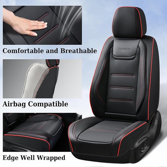 Coverado Car Seat Covers Full Set, Seat Covers for Cars, Car Seat Protector Waterproof, Leather Cushion, Universal Car Interior Covers Seat Protectors for Most Cars Black-Redline