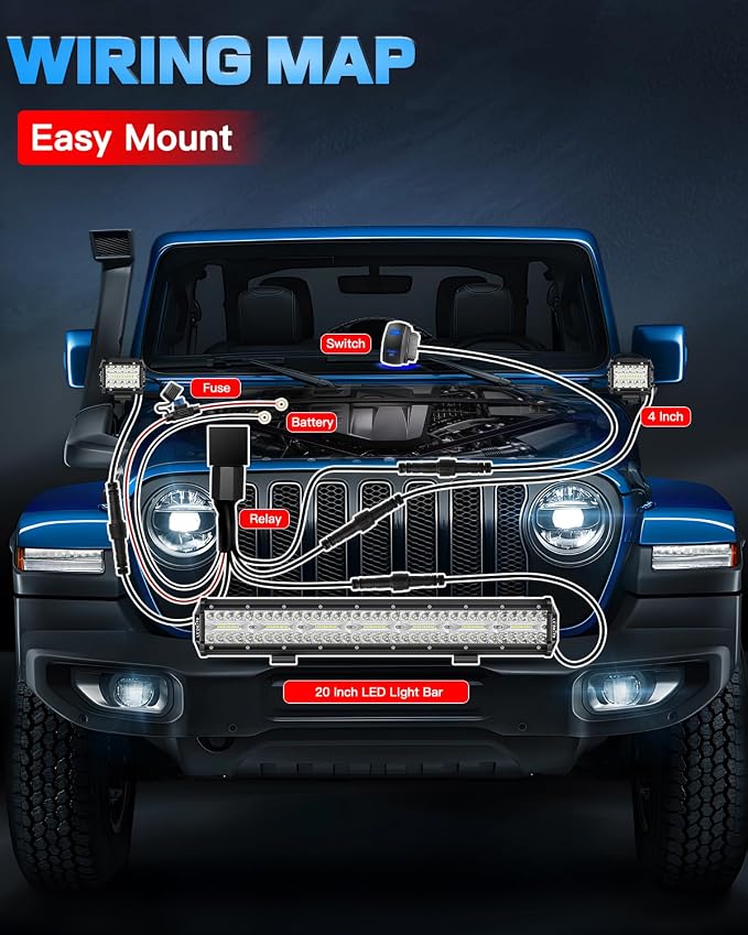 20Inch LED Light Bar and 4Inch LED Cube Pods Lights Kit with Wiring Harness Rocker Switch Spot Flood Combo Triple Row Off Road Driving Work Lights Bar for Pickup SUV UTV ATV Truck Tractor Boat