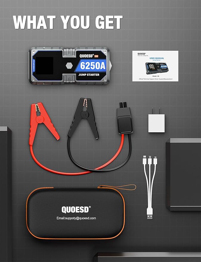 6250A Jump Starter Battery Jump Starter Battery Pack (for All Gas or 9.0+L Diesel), 2 USB Port, 12V Potable Car Jump Start with 3.2″ HD Display 48-Months Stand-by Time