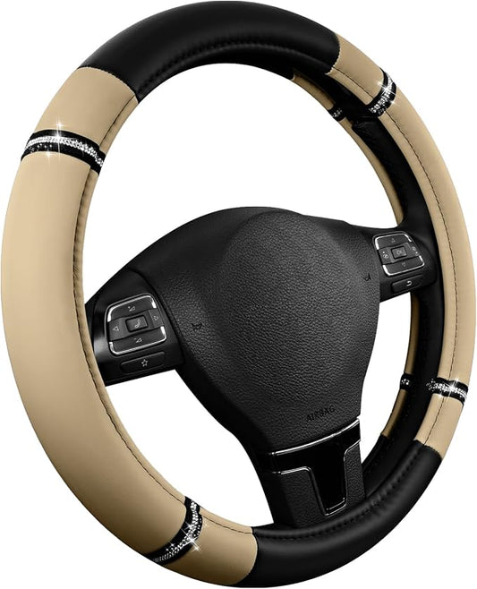 Road Comfort Leather Steering Wheel Cover – Premium Anti-Slip Car Steering Wheel Grip Cover – Universal Fit for 14.5”–15” Cars, Trucks & SUVs - Beige