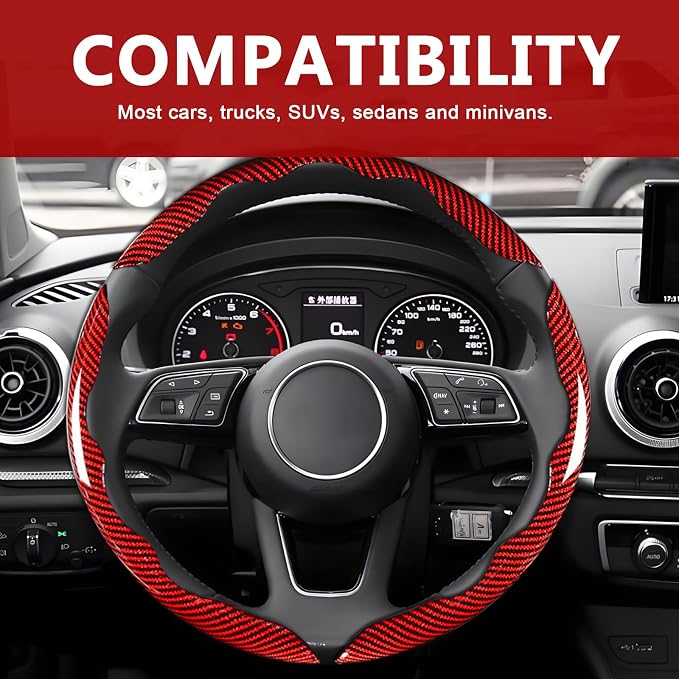 3pcs Universal Carbon Fiber Steering Wheel Cover - Anti-Slip & Segmented Design, Universal 99% Durable Steering Wheel Protector for Men and Women, Car Interior Accessory (Red)