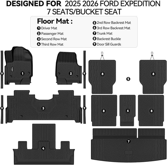 Floor Mats for 2025 2026 Ford Expedition 7 Seats with 2nd Row Bucket Seat, Trunk Mat and Backrest Mat & Door Sill Guard All Weather TPE Protector for Ford Expedition Accessories