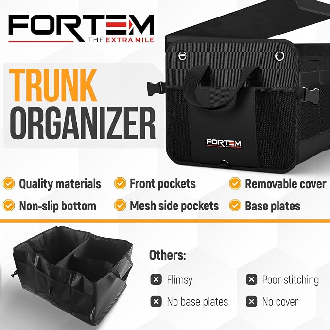 FORTEM Trunk Organizer For SUV Car Organizer and Storage, Multi-Compartment Storage Bag Car Accessories for Women Men, Perfect Christmas Gifts, 1680D Oxford, Non Slip Bottom, Straps, Soft Cover (50L)