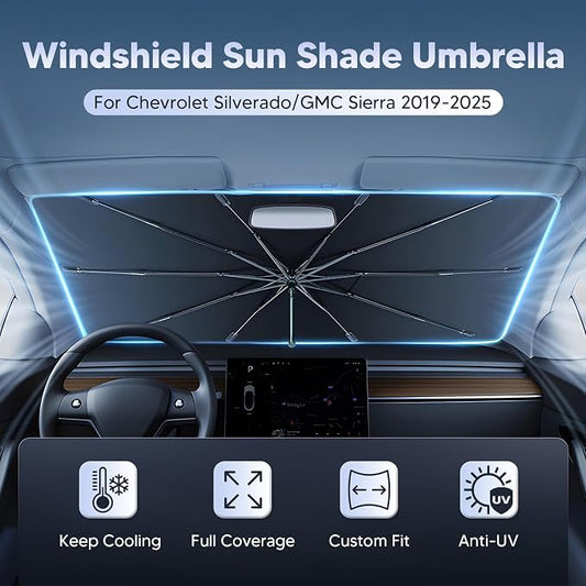 Autorder Windshield Sun Shade Umbrella for 2019-2026 Chevrolet Chevy Silverado/GMC Sierra 1500 2500 3500 Accessories, Upgraded Ice Crystal Material, Umbrella Sunshade for Car Windshield Sun Blocking