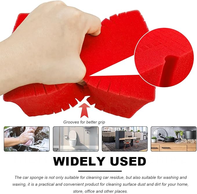Car Wash Sponge, Large Scratch-Free Cross Cut Sponge for Soap and Rinseless Washing, Durable Ultra Soft Foam Grid Extra Absorbent Car Cleaning Sponge Pad, Car Accessories (Red)