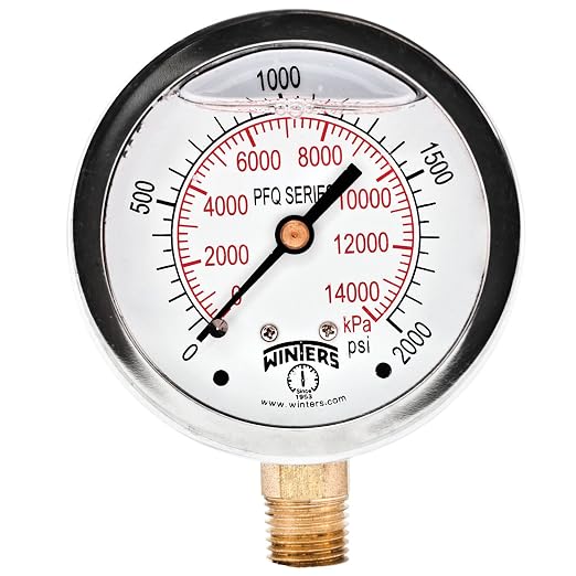 Winters 2-1/2" Dial Size, Liquid Filled Industrial Pressure Gauge, Brass Internals, Stainless Steel Case, Dual Scale 0-2,000 psi/kPa, 1.5% Acc, 1/4" NPT Bottom Mount, Glycerin Filled Pressure Gauge