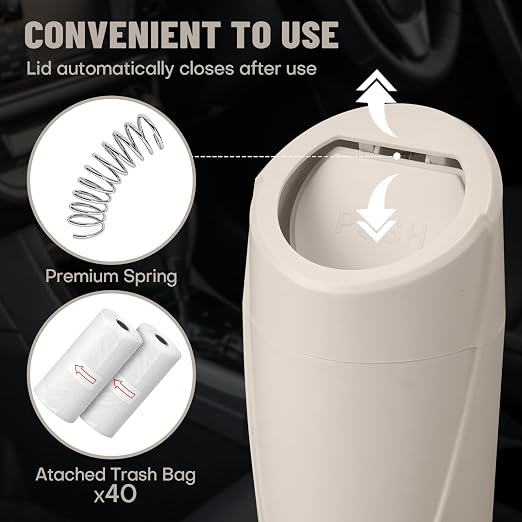 Car Trash Can Bin with Lid - Car Garbage Can Cup Holder - Light Beige Mini Leakproof Vehicle Garbage Bin with 20pcs Trash Bags-Automotive Organizers and Storage for Front Back Seat Accessories