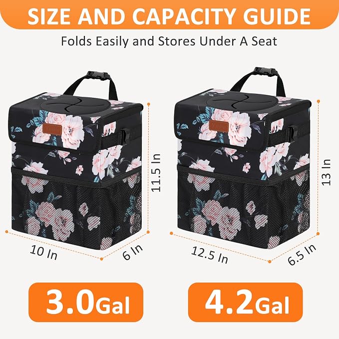 Vankor 4.2 Gallons Car Trash Can with Lid, Bag Bin Hanging Waterproof Automotive Car Garbage Cans Leak Proof Vehicle Trash Can for Truck SUV,Black Floral
