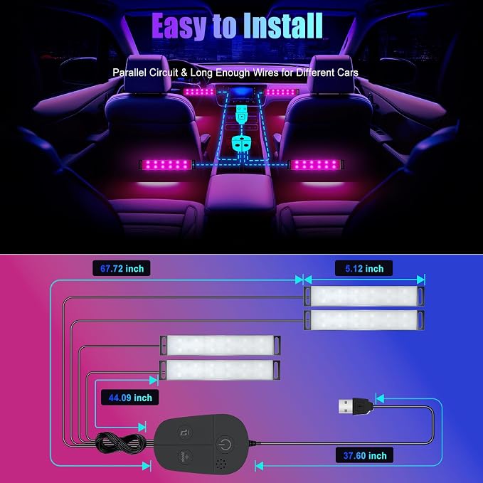 Honalia Car LED Lights Interior, RGB Interior Car Lights with App Control and Music Sync, USB Under Dash LED Lights for Jeeps Trucks SUVs, DC 5V