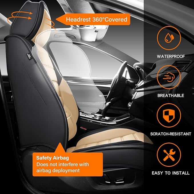 MINGBRON Seat Covers, Car Seat Covers Front Seats, Car Seat Cover, Car Seat Protector Waterproof, Car Seat Cushion Nappa Leather, Beige Seat Covers Carseat Cover Universal Fit for Most Cars