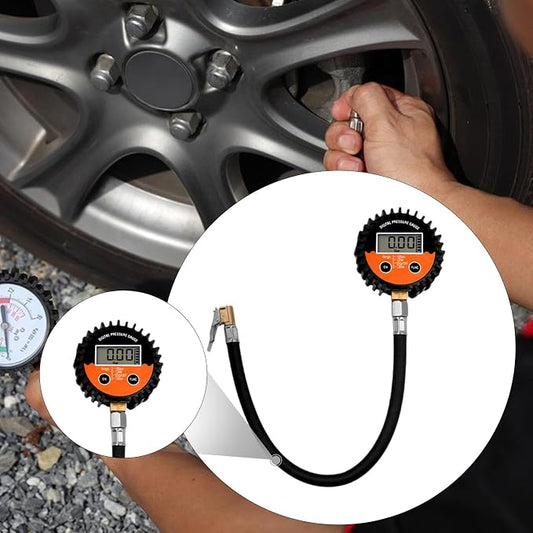 Tire Pressure Tester & Inflation Hose with Flexible 40cm (15.75 inch) Hose for Trucks, Cars, Motorcycles