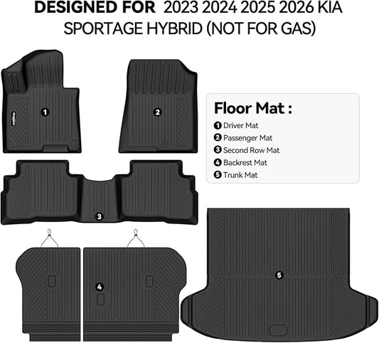 Floor Mats for 2023 2024 2025 Kia Sportage Hybrid (Only for HEV, Not for PHEV), Trunk Mat and Backrest Mat All Weather TPE Protector for Kia Sportage Hybrid Accessories Floor Liner