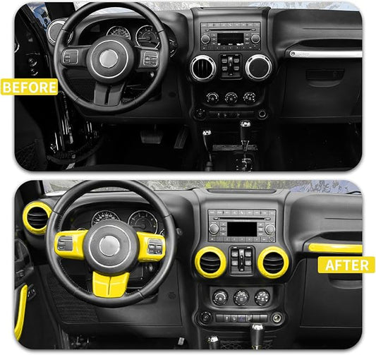 16PCS Full Set Interior Trim Kit for Jeep Wrangler JK JKU 2011-2018 4 Door,Center Console Door Handle Side Outlet Cup Holder Gear Cover Trim (Yellow)