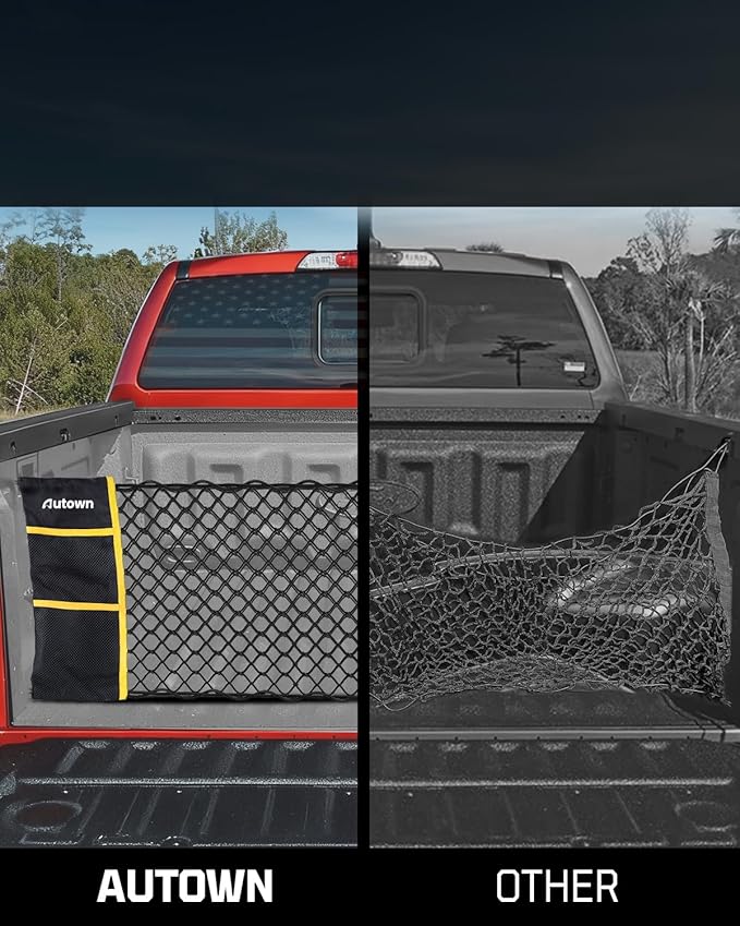 AUTOWN Truck Bed Cargo Net, Envelope Style Bed Netting for 2015+ Ford F150 & 2017+ F250/F350/F450, Pickup Truck Bed Organizer with 5mm Bungee & Integrated Storage Bag & Eyebolts & Carabiners