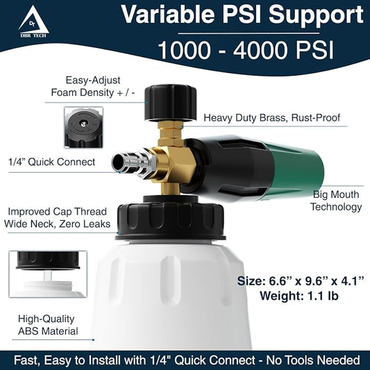 DBR Tech® Foam Cannon for Pressure Washer | Pro Grade, 1.1mm Orifice, 1000-4000 PSI