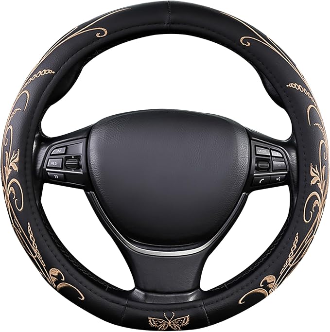 Beige Embroidery Butterfly Car Steering Wheel Cover,14.5-15 Inch Universal Leather Covers Breathable Anti-Slip Odorless Steering Wheels Accessories for Men Women