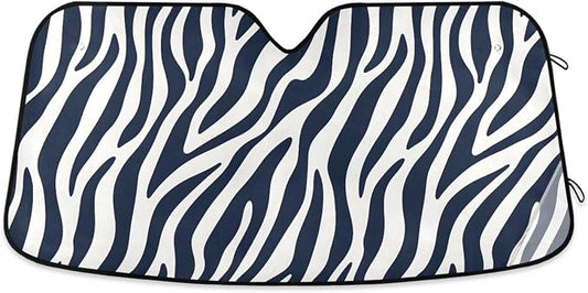 Windshield Sun Shade Blue White Zebra Print Front Window Block UV Shades Visor Reflective Retractable for Car SUV Trucks