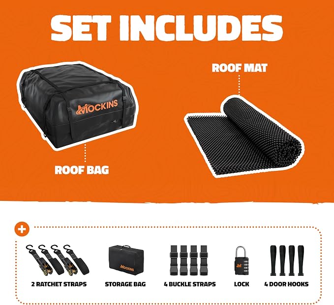 Mockins 16 Cu Ft Weatherproof No Rack Rooftop Cargo Carrier Bag 45"x34"x18" | Rooftop Cargo Bag for Top of Car | Car Topper Luggage Carrier Waterproof Set w/ Accessories | Vehicle Soft-Shell Carriers